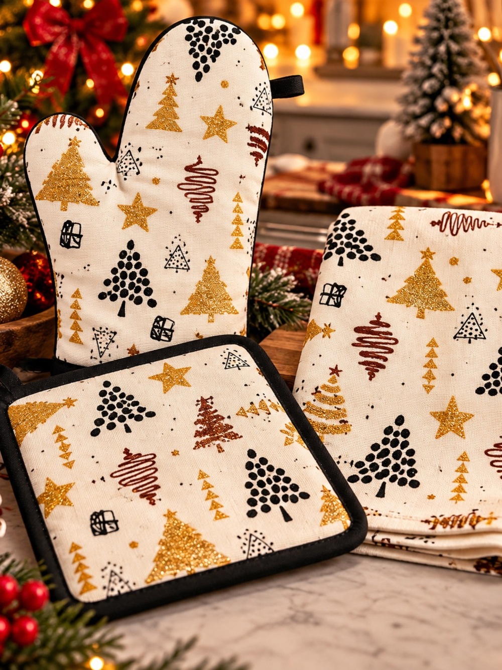 Christmas Kitchen Set 3-Piece Towel Oven Mitt & Pot Holder Gold Black